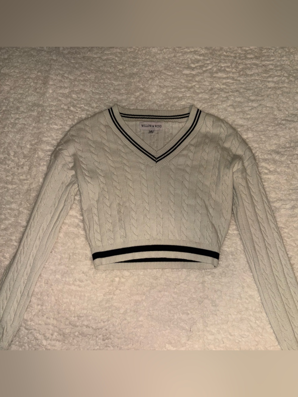 Cable Knit V-Neck Sweater with Black Stripe Trim